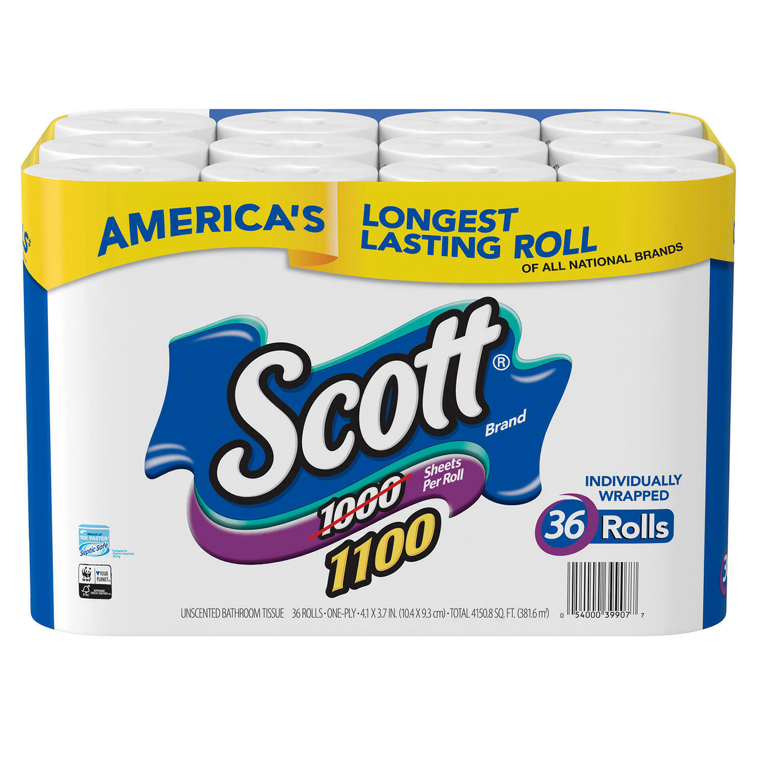 Scott 1100 Unscented Bath Tissue Bonus Pack Individually Wrapped Toilet 36 Rolls